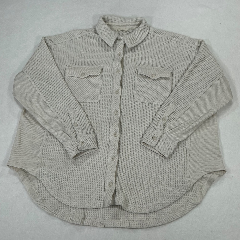 Aerie Oversized Waffle Knit Button Down Shirt Cream Oatmeal XS Shacket 1282